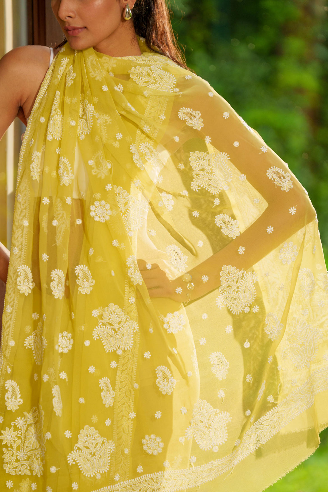 Mehendi Yellow Club Chikankari Saree